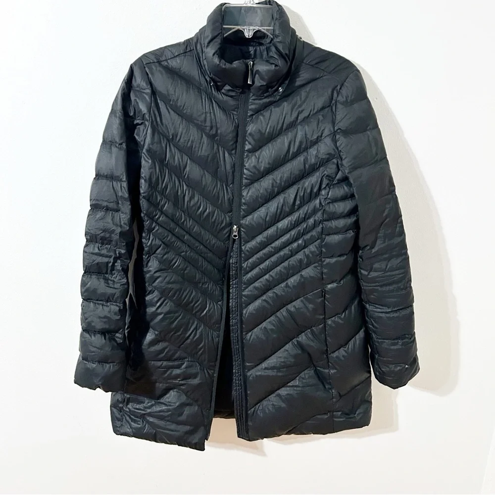 Lands’ End Longer Length Front Zip Down Puffer Coat Parka NO Hood Pockets Black